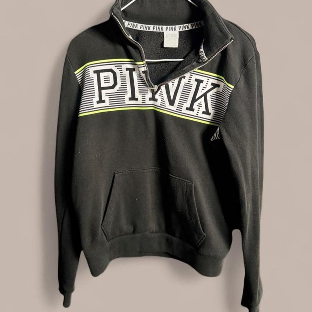 Victoria’s Secret PINK Black Neon Logo Quarter Zip Hoodie Small